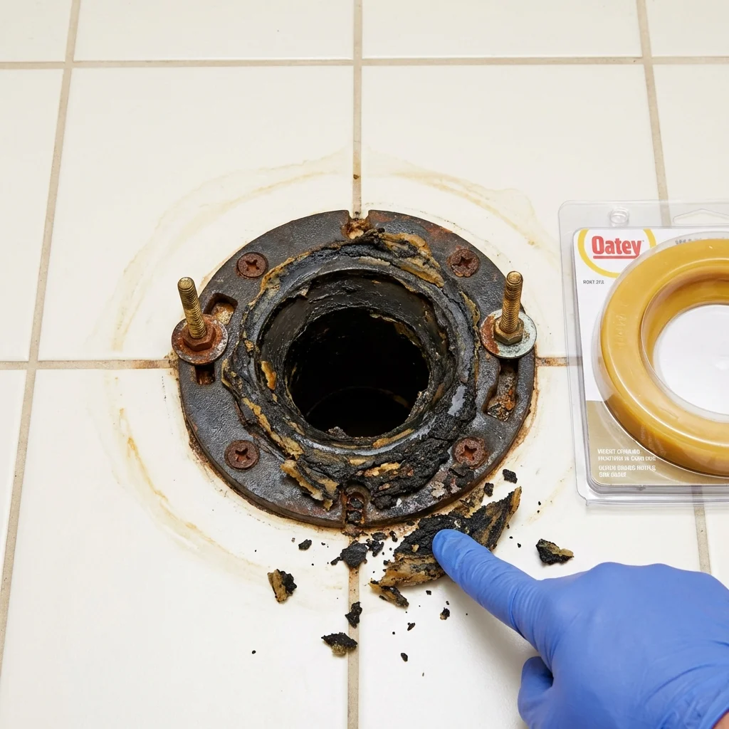 Failed wax ring showing water seepage at the base of a toilet in a Laurel, MD home